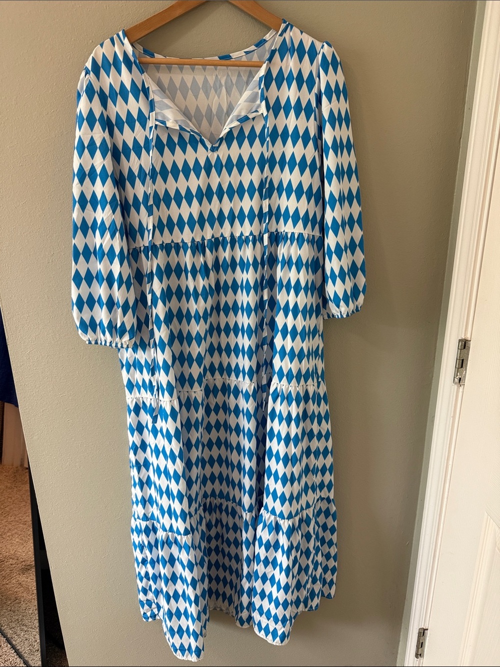 Blue and White Diamond Print Women’s Tiered Dress